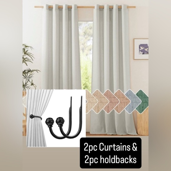 2 pc Gray Linen Curtains Privacy Light Filtering incld 2 pc Holdbacks - Picture 1 of 7